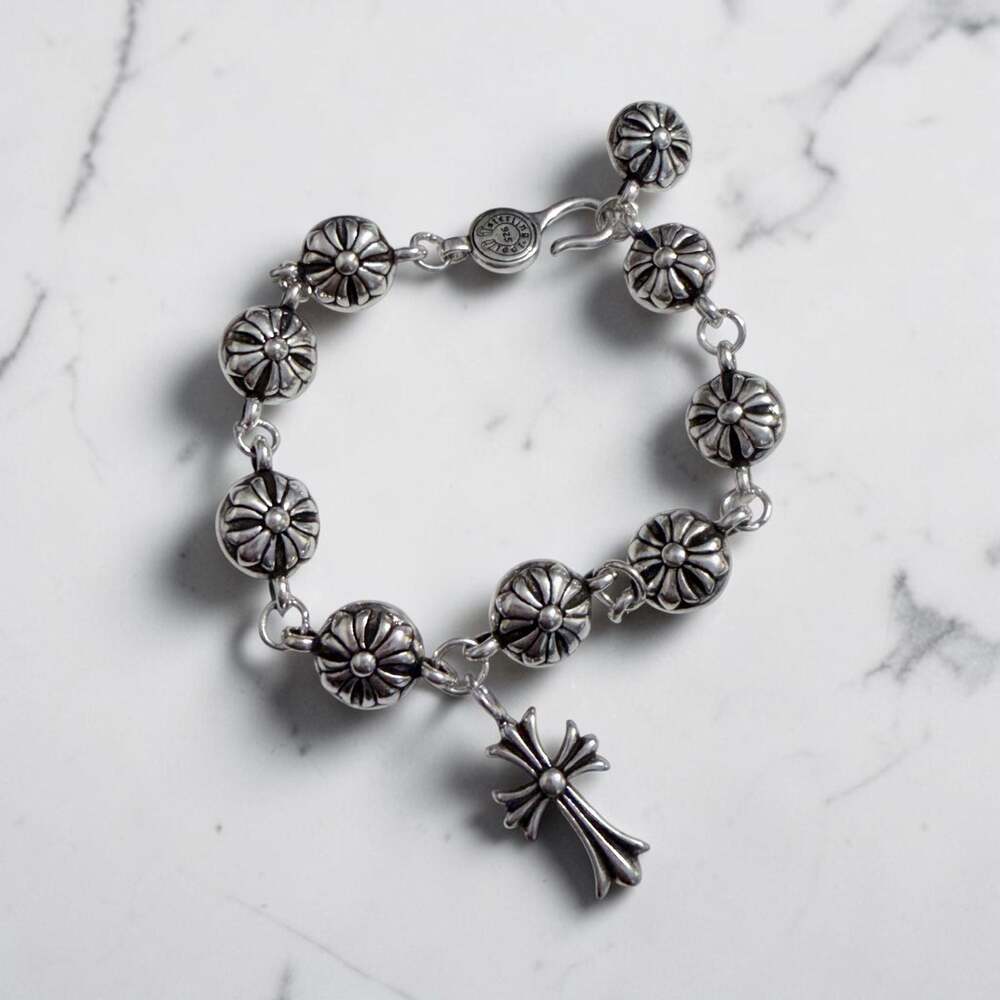 925 Sterling Silver Cross Charm Beaded Bracelet – 7”, 8”, 9”